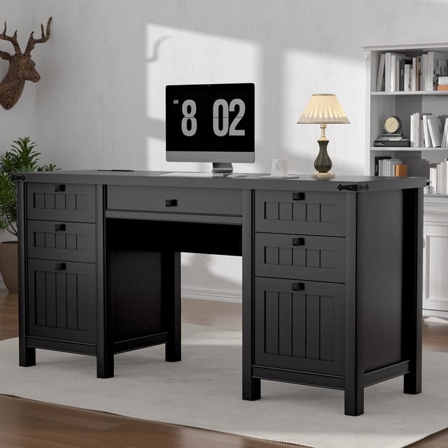 FIAKOA 62" Executive Desk, Modern Farmhouse Computer Desk with Drawers & Cabinet,Home Office Desk Writing Workspace for Work Study,Black. Front-facing 62-inch black executive desk with a widened scratch-resistant desktop and subtle embossed texture, reinforced steel legs, four drawers (two quick-access, two vertical file drawers), lockable cabinet with interior shelf, hidden cable cutouts and rear channels for cable management; often used as a sewing or craft workstation.