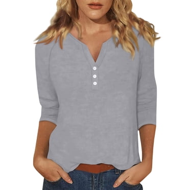 DENGDENG Womens Plus Size Tops 3/4 Sleeve 2X Loose Fitted Button Down Henley V-Neck Basic Tees Elbow Summer Casual Blouses Petite Three Quarter Length Shirts Boho Trendy {Tunic Tops} Light Gray XL
