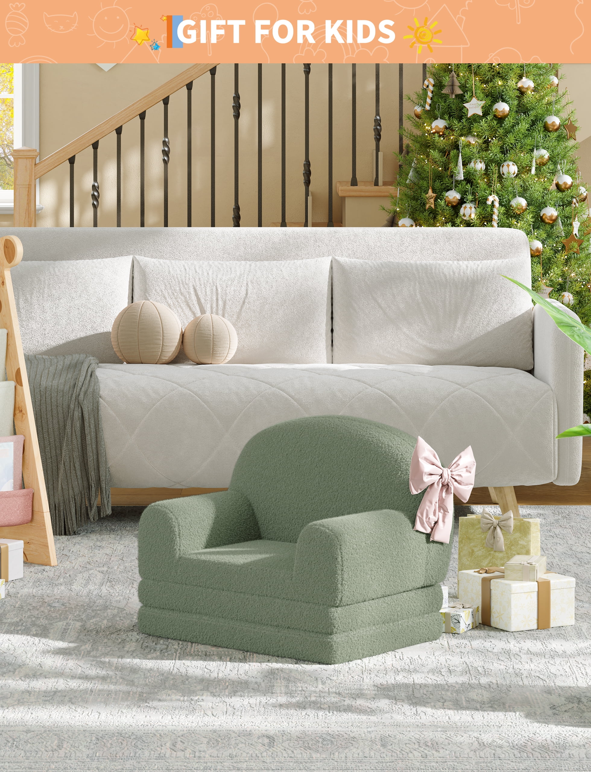 2-in-1 Kids Sofa Chair ，Toddler Sofa Chair, Soft Fold Out Couch Lounger for Kids, Comfy Children's Sofa Bed for Playroom, Nursery
