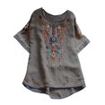 thumbnail image 1 of Blouses pour Femmes, T-Shirt Mode Décontracté Ample de Printemps Été pour Femmes, Couleur, Manches Courtes, Col Rond, Hauts Brodés, Blouse en Coton et Lin, 1 of 5
