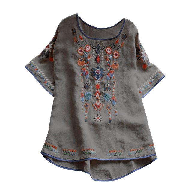 Blouses pour Femmes, T-Shirt Mode Décontracté Ample de Printemps Été pour Femmes, Couleur, Manches Courtes, Col Rond, Hauts Brodés, Blouse en Coton et Lin