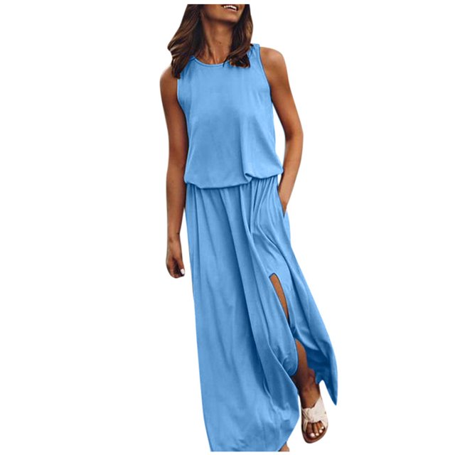 Fridja Robe d'Ouverture de Fourche Solide Sans Manches d'Été pour Femme
