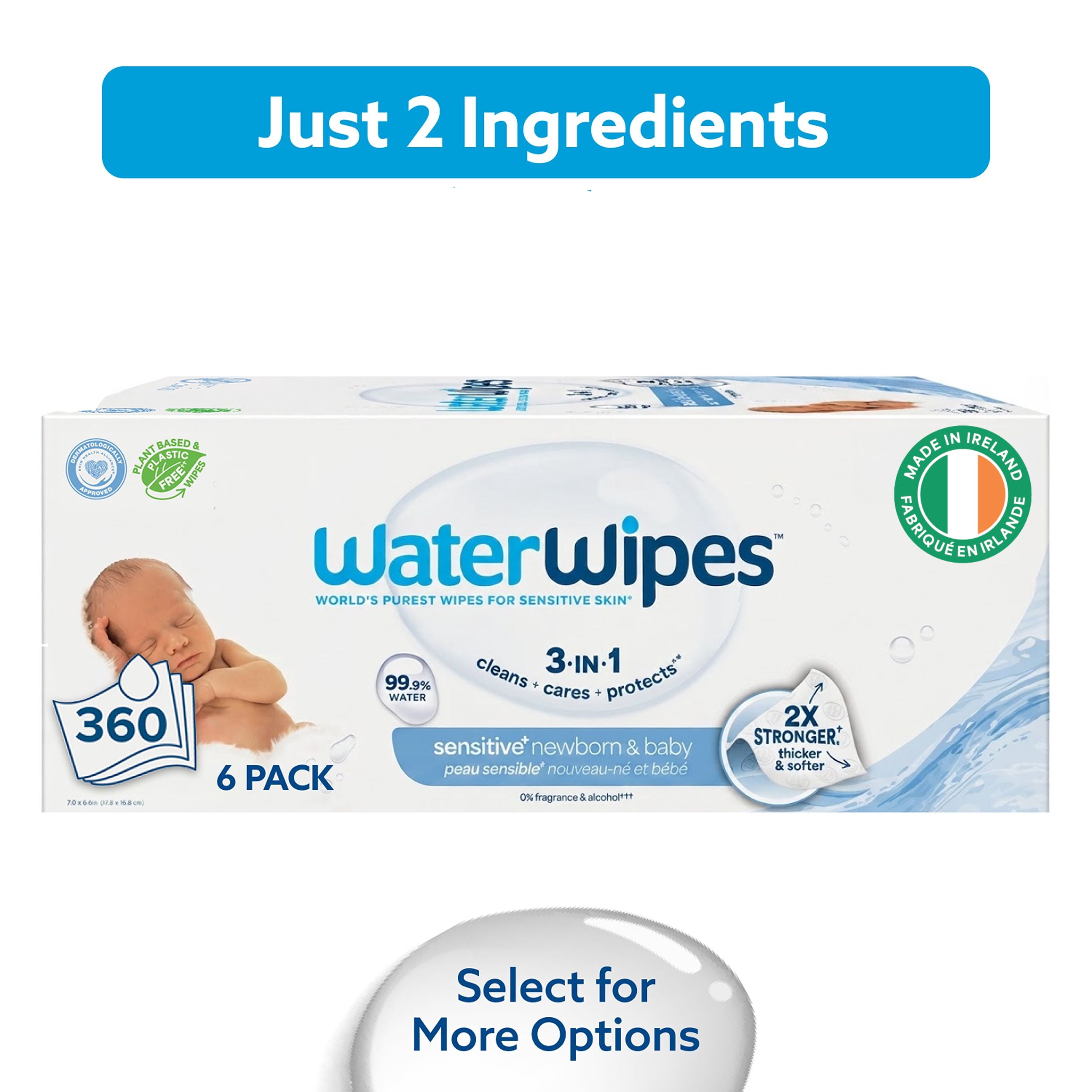 WaterWipes Sensitive Lingettes pour Nouveau-Nés & Bébés, 99.9 % d'Eau, Sans Parfum & Hypoallergéniques