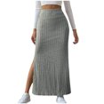 thumbnail image 1 of Women's High Waist Stretchy Rib Knit Split Slit Hem Midi Pencil Skirt, 1 of 6