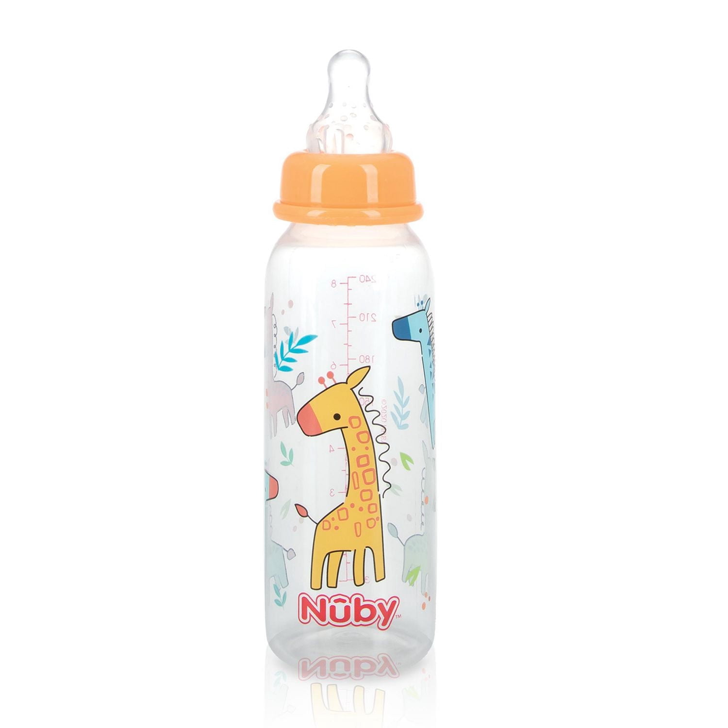 Nûby Standard Neck Printed Plastic Infant Bottles with Soft Silicone Non-Drip Nipple 8 oz