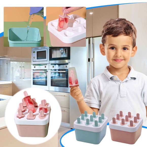 RRJ 2Pcs Summer Ice Cream Molds, 9-Cavity DIY Popsicle Maker Kit for Homemade Frozen Treats, Reusable Plastic Ice Cream Sticks forKidsFamily Fun Kitchen Dessert
