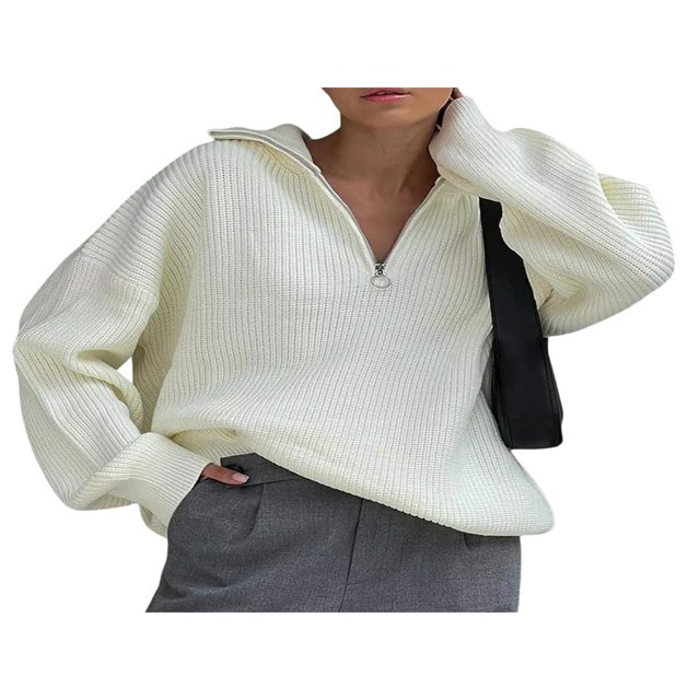 Pull en Maille Oversize à Manches Longues pour Femmes Pull Demi-Zip Automne Hiver Streetwear