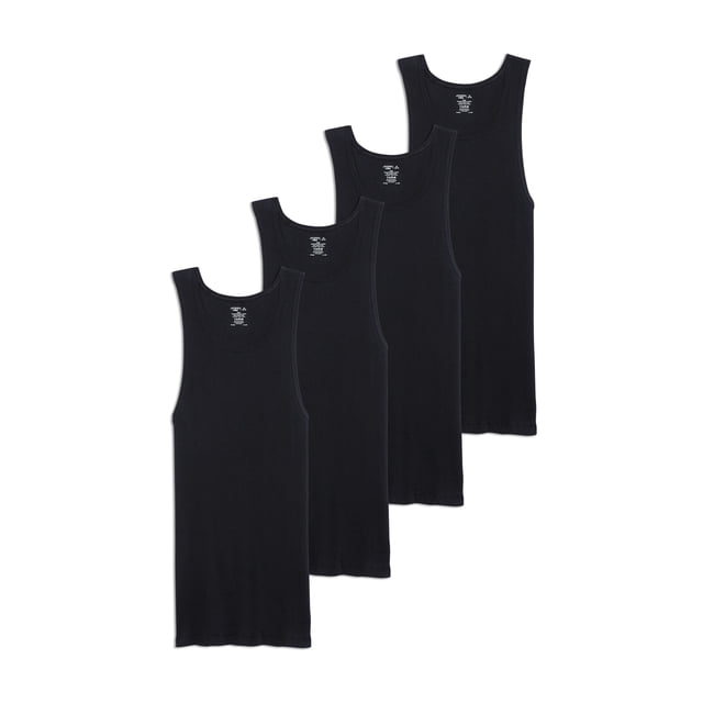Jockey Men's 100% Cotton A-Shirt Tank - 4 Pack, featuring four black sleeveless undershirts made from breathable ribbed cotton fabric. Designed with StayNew technology to resist pilling and fading, and Staycool+ technology for moisture-wicking to keep you cool and dry. Semi-fitted with a stay-tucked length for added comfort and mobility.