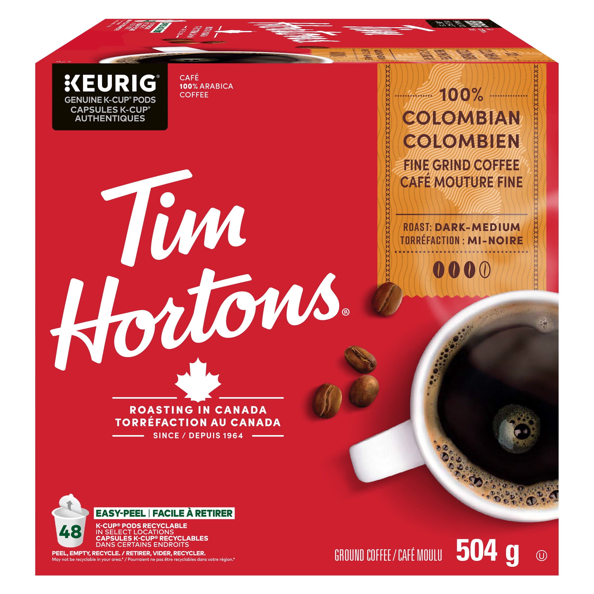 Capsules de café Tim Hortons 100 % colombien, torréfaction mi-foncée, capsules K-Cup à usage unique, compatibles Keurig, goût frais, 48 capsules