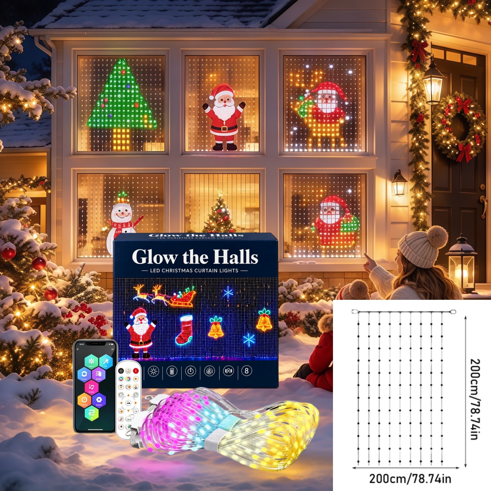 Christmas Smart LED Curtain Lights with Remote Control, 39.37"/ 62.99 ...