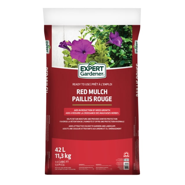 Expert Gardener Red Mulch 42 L bag with red packaging featuring purple flowers and green foliage, designed to reduce weed growth, retain moisture, provide winter protection, and add vibrant colour to garden landscaping, also suitable for enhancing soil moisture retention in outdoor living areas.