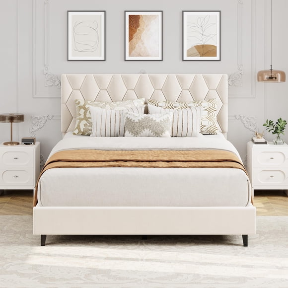 Gaderth Queen Bed Frame With Upholstered Headboard, Heavy Duty Platform Bed Frame With Adjustable Headboard, Wood Slat Support, No Box Spring Needed, Noise Free Mattress Foundation, Beige