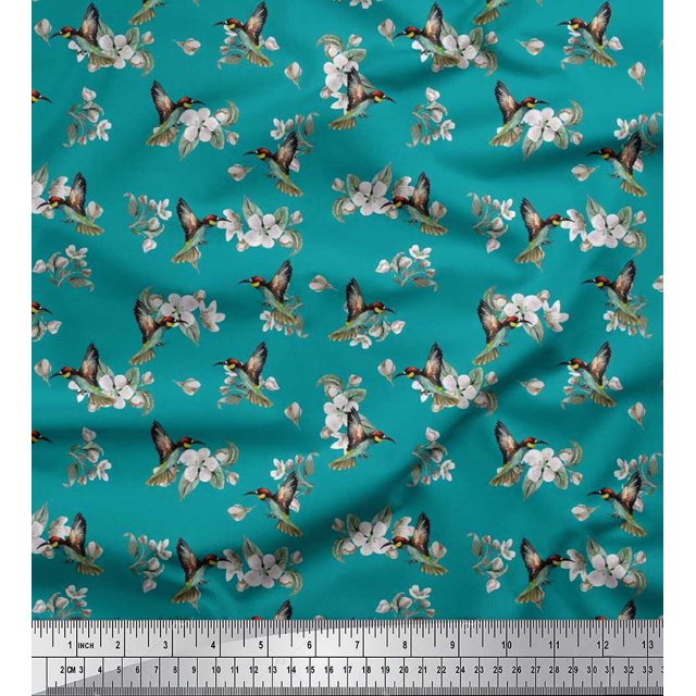 Soimoi Crepe Silk Fabric Leaves,Flower & Humming Bird Print Sewing Fabric Yard 42 Inch Wide