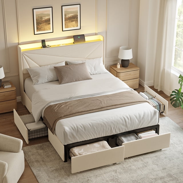 GUNAITO Full Size Bed Frame with 4 Storage Drawers, Upholstered LED Bed with USB Ports, Modern Bed with Headboard Noise Free Platform Bed with Metal Frame, Beige
