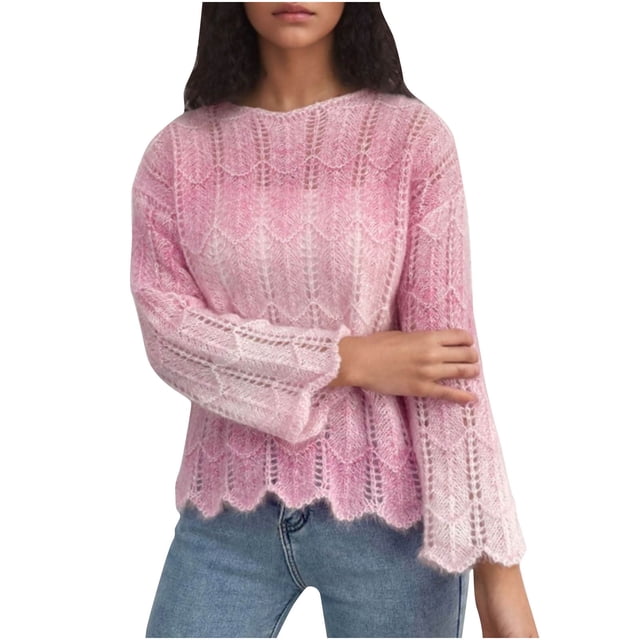 RXIRUCGD Chandail à Rayures pour Femme, Coupe Ample, Col Rond, Tricoté, Couleurs Contrastantes, 2024, Décontracté, Manches Longues, Haut/chemise Rond, Rose, Taille : M