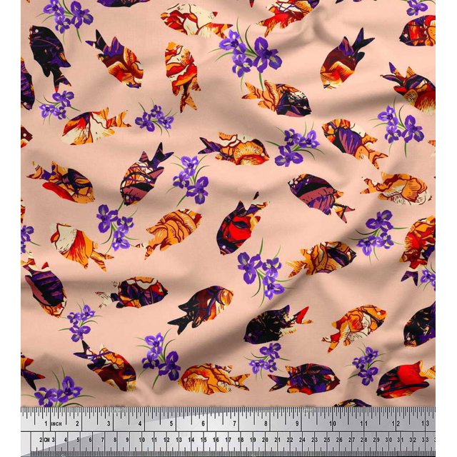 Soimoi Tissu Georgette Viscose Floral & Poisson Texturé Imprimé Océan au Mètre 42 Pouces de Large