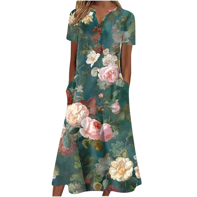 Cameland Robe d'Été pour Femme Décontractée à Col en V avec Boutons, Manches Courtes, Imprimée, Coupe Évasée, avec Poche