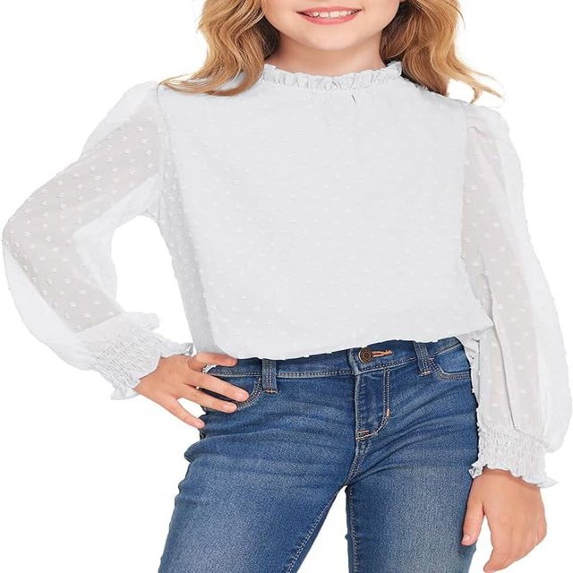 Chandail-Over Blanc à Manches Longues pour Filles avec Manches à Volants Pois Suisses Haut Blouse Col Rond 5-12 Ans