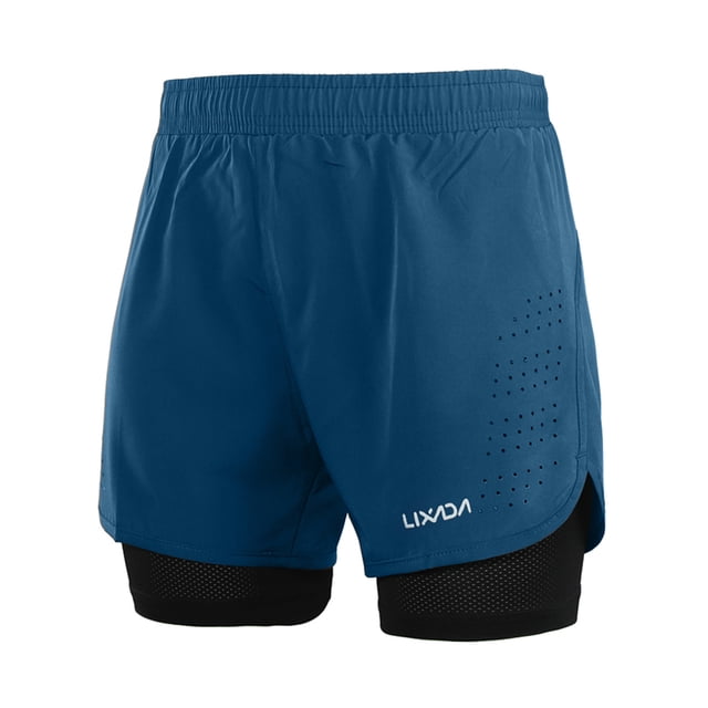 Men's 2-in-1 Running Shorts Quick Drying Breathable Active Training Exercise Jogging Cycling Shorts with Longer Liner Dark blue-M
