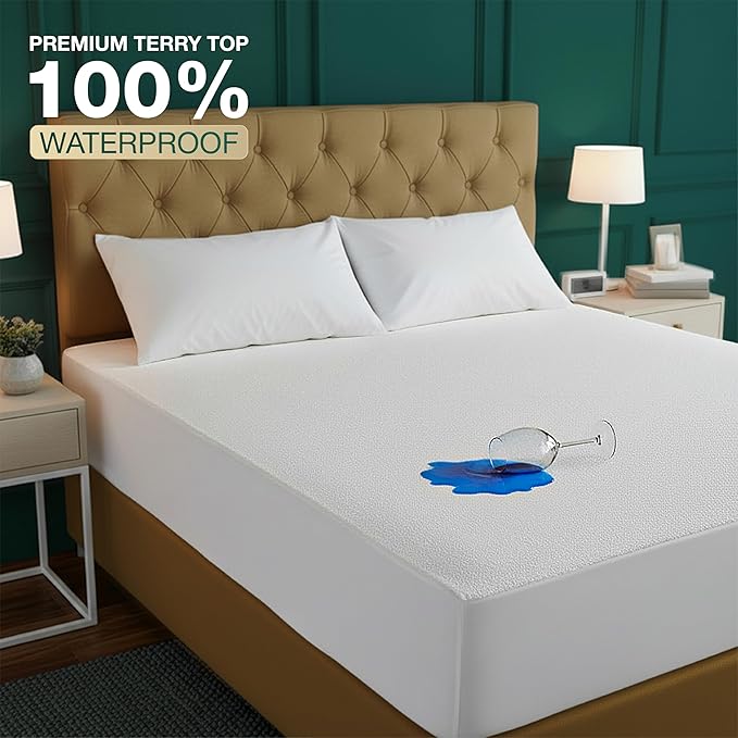 Protège-matelas imperméable Beddora Queen – Housse de matelas en éponge 200 g/m², douce et respirante, avec drap-housse à poches profondes jusqu'à 43 cm d'épaisseur, blanc