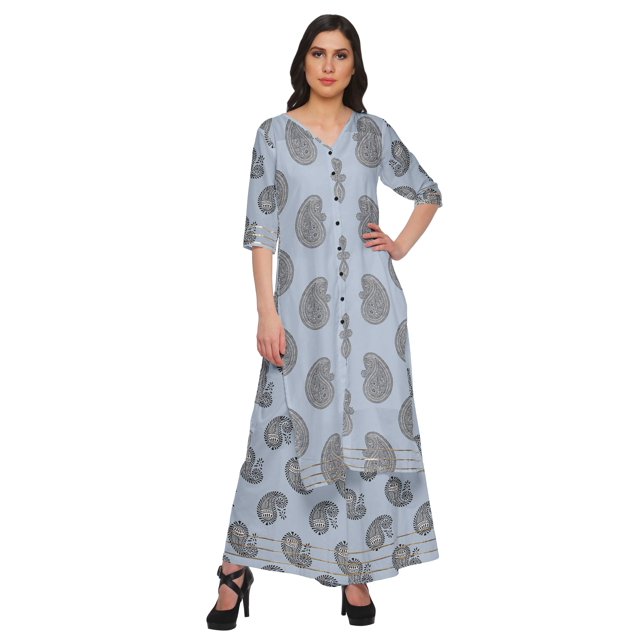 Moomaya Ensemble Kurta à Col en V Imprimé et Pantalon Palazzo Tenue Ethnique Robe pour Femmes