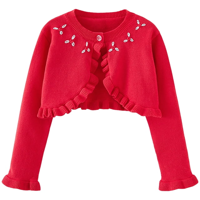 Girls Bolero Cardigan One-button Ruffle Open Front Cotton Knit Crop Shrug Jacket Toddler Kids Fall Spring Clothes (5 Years, Red)