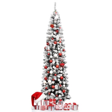 Patiojoy 7.5ft Pencil Artificial Christmas Tree Snow Flocked Pencil Tree with Flexible Stand