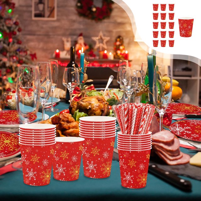 Amzcrzy Paper Disposable Tableware Set Red Snowflake Christmas Theme Party Tableware Disposable 7-Inchs 9-Inchs Paper Plates Paper Cups Tissue Set Of Party-Themed Paper Plates Set