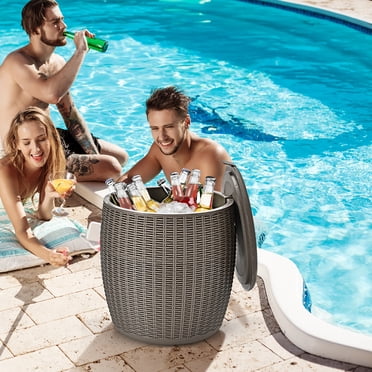 Costway 9.5 Gallon 4-in-1 Patio Rattan Cool Bar Cocktail Table Side Table Brown