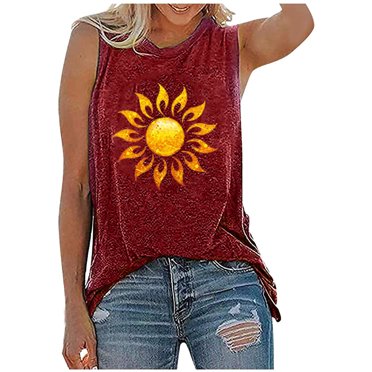 Leutsin Women O-Neck Print Casual Loose Tops Pullover Sleeveless T-shirt