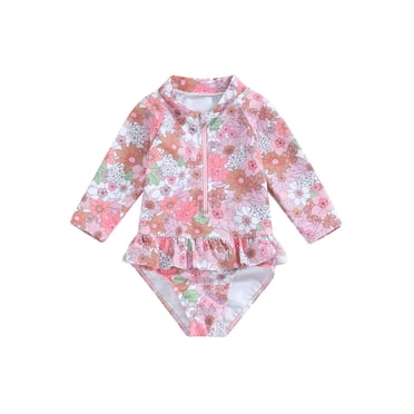 EYIIYE Kids 6M 1T 2T 3T 4T Girls Swimsuit Toddler Baby Zip Up Swimwear Long Sleeve Rompers Crew Neck Jumpsuit Floral Print Ruffle Bodysuit Little Girl Cute Bathing Suit Beachwear