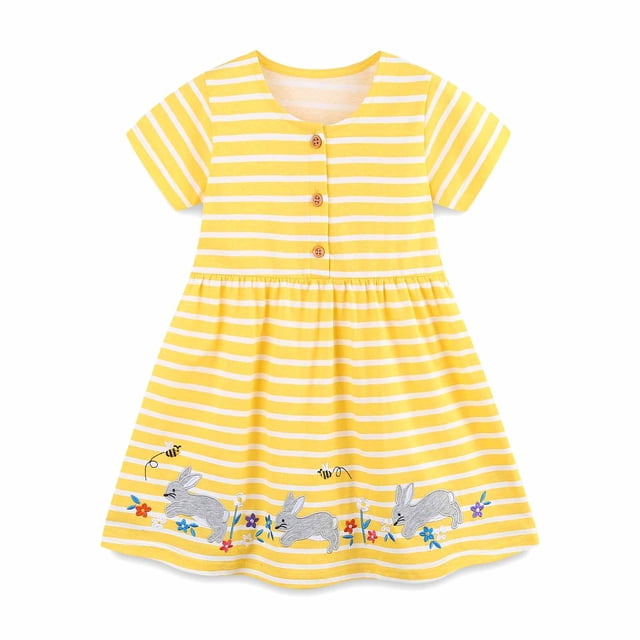 MIASHUI Robes de Pâques pour Filles Lapin Manches Courtes Robes Décontractées, Jaune, 7-8 Ans