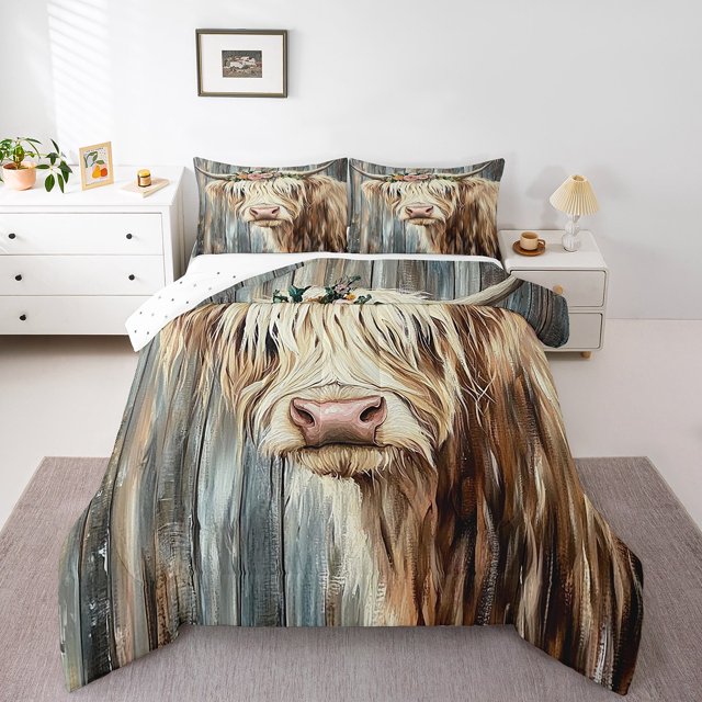 Erosebridal Highland Cattle Bedding Full Comforter Set, Oil Painting Down Comforter, Reversible