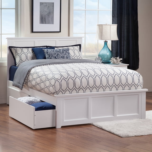Madison Lit Plateforme Complet avec Pied de Lit Assorti et Tiroirs de Rangement, Blanc