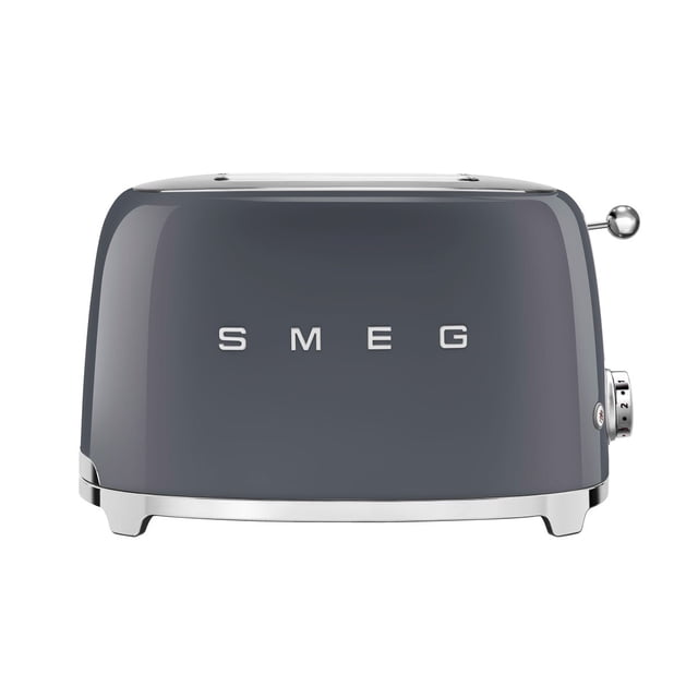 Smeg 50’s Style 2 Slice Toaster in grey, a retro-inspired small appliance with chrome accents. Features two slots with a width of 3.56 cm (1.4 in.), six browning levels, and functions for reheat, defrost, and bagels. Includes a removable crumb tray, automatic pop-up, integrated cord, and anti-slip feet.