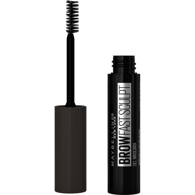 Maybelline New York Fast Sculpt eyebrow gel mascara in black tube with spoolie brush, designed for fast, easy brow sculpting and shaping with tinted gel formula suitable for natural or glam looks.