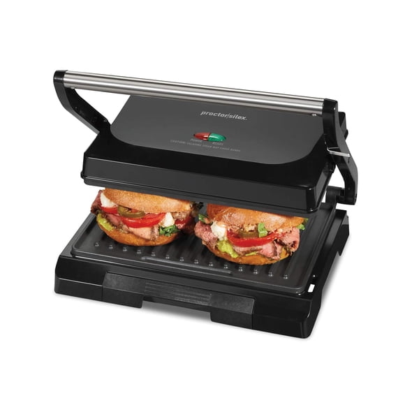 Proctor Silex-Panini Press Sandwich Maker and Electric Indoor Grill, Easy Clean PFAS-Free Nonstick Grids, Compact Upright Storage, Black (25440MN)