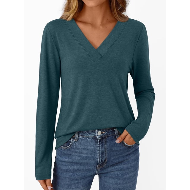 ShomPort Long Sleeve T-Shirts for Womens V-Neck Lightweight Solid Color Soft Blouses Breathable Comfort Daily Elastic Pullover Tees Tops
