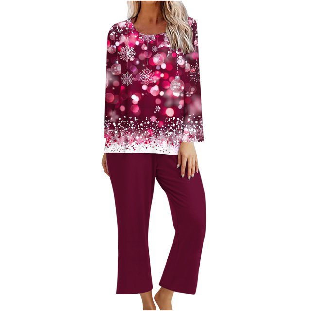 Pisexur Pyjama de Noël pour Femmes Ensemble Deux Pièces Tendance des Fêtes Imprimé Flocon de Neige Pyjamas de Noël Décontractés Manches Longues Col Rond Hauts Pantalons de Pyjama Tenue de Nuit