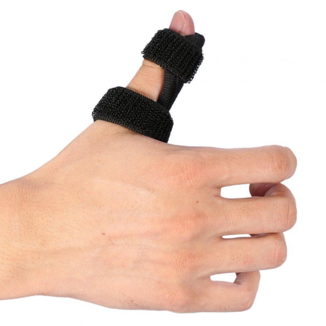 TOPINCN Thumb Trigger Finger Splint, a black adjustable finger brace made of nylon and neoprene, shown on a hand with straps securing the thumb and finger. Designed for finger injuries, ligament support, and stenosing tenosynovitis relief. Suitable for day or night use.