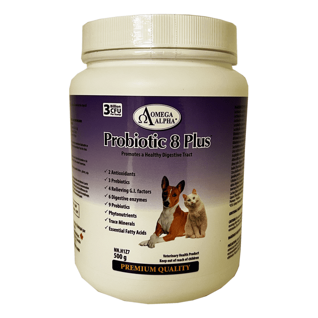 Omega Alpha Probiotic 8 Plus™ 500g container with a purple label displaying a dog and a cat. The product promotes a healthy digestive tract with 3 billion CFU per scoop, antioxidants, prebiotics, digestive enzymes, and essential fatty acids. Suitable for pets to enhance digestion and gut health.