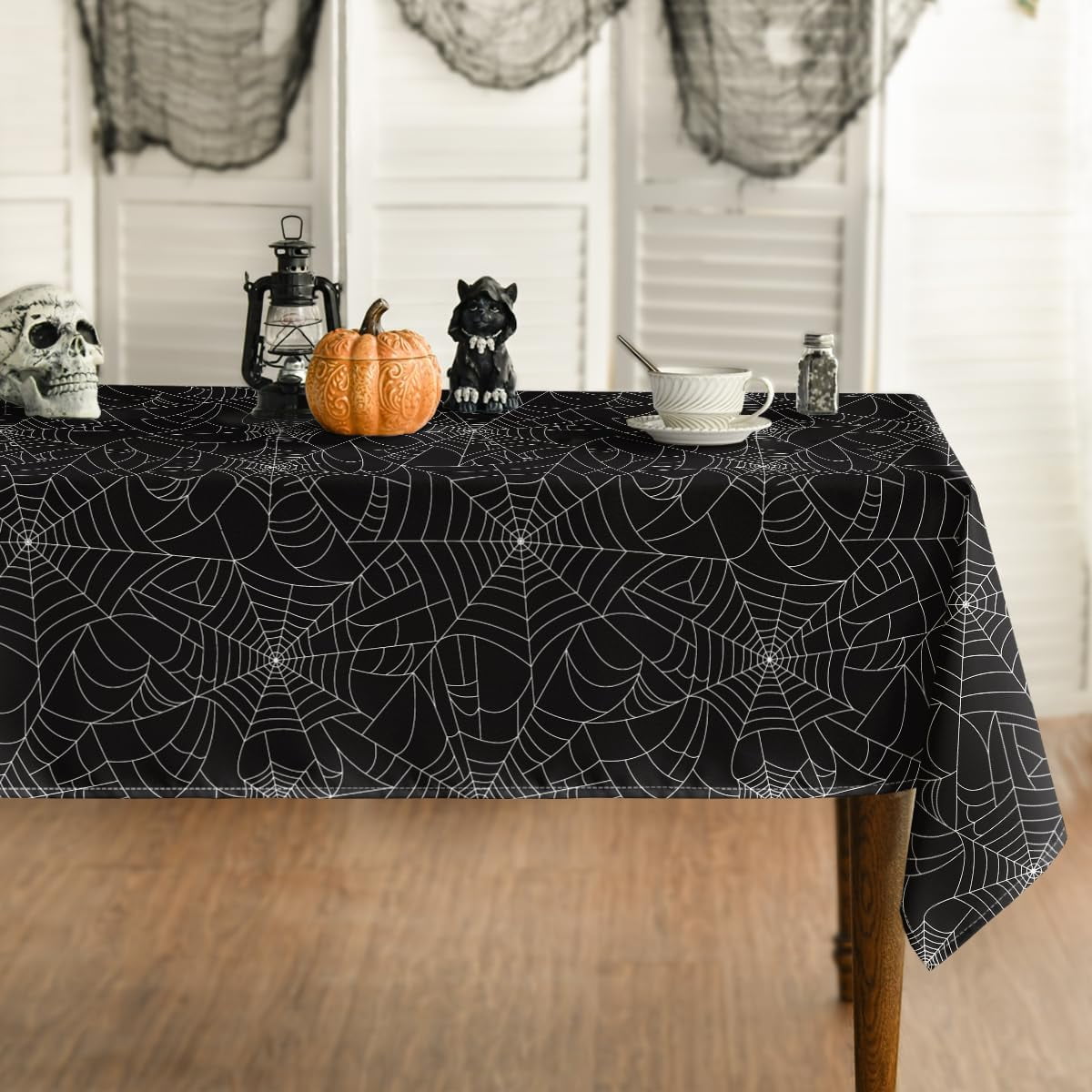 Halloween Tablecloth 60x120 Inch Rectangular, Cobweb Black Washable Table Cover for Party Picnic Dinner Decor