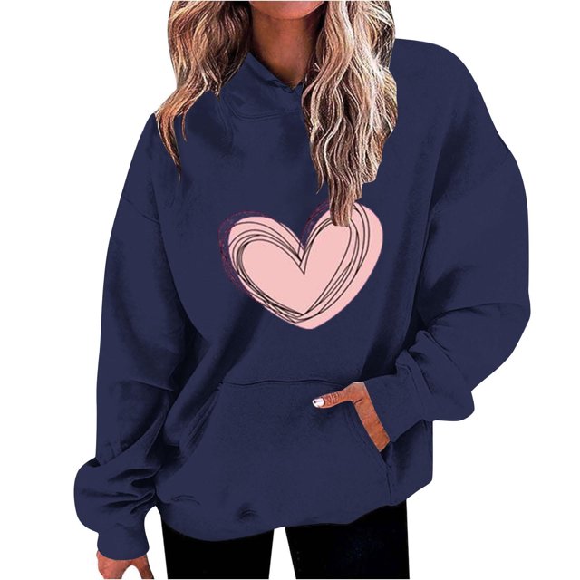 Penkiiy Mode Décontractée pour Femmes Impression de la Saint-Valentin Hauts à Manches Longues Sweat à Capuche 2TG Marine