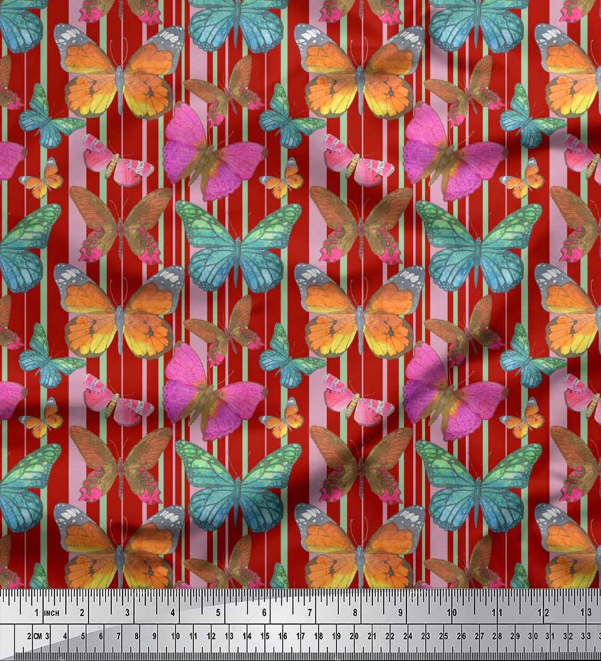 Soimoi Tissu en Velours Rayures et Imprimés de Papillons au Mètre 58 Pouces de Large