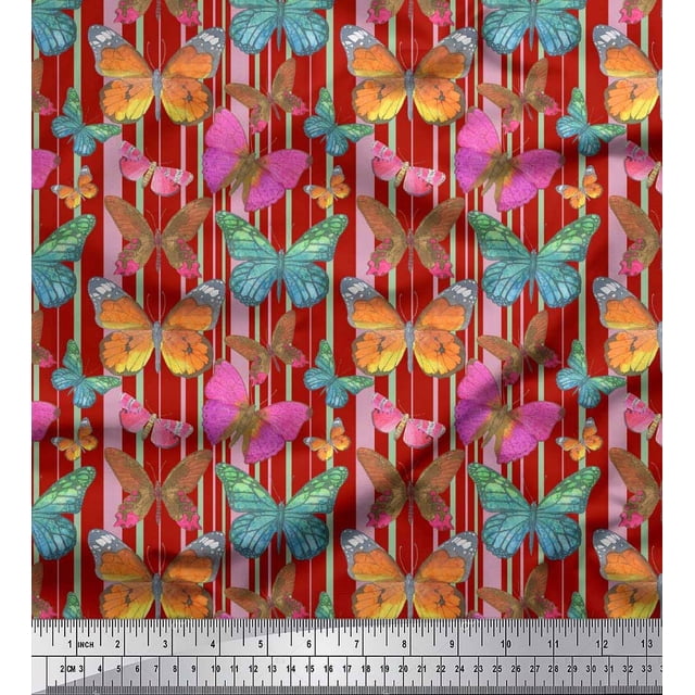 Soimoi Moss Georgette Fabric Stripes & Butterfly Decor Fabric Printed Yard 42 Inch Wide