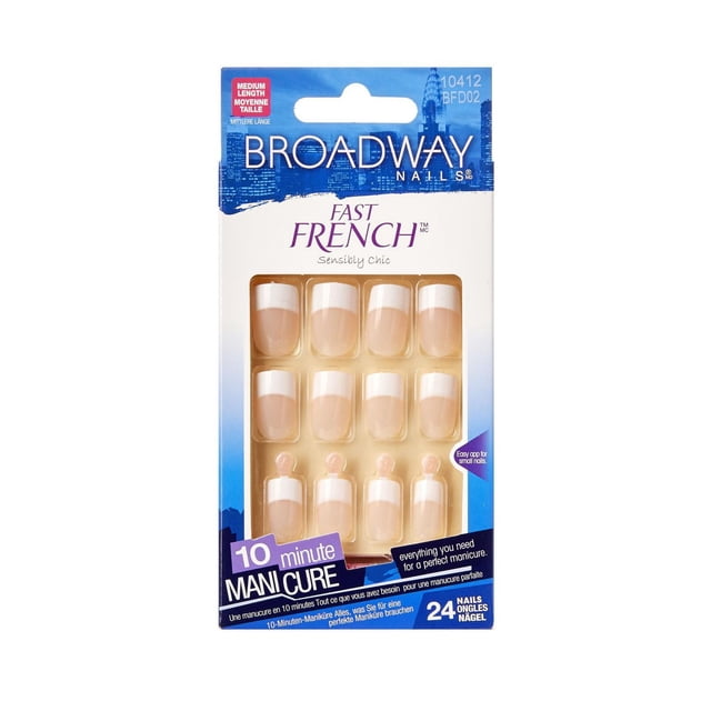 KISS Fast French - Broadway Pink - Fake Nail, 24 Count, Medium length French manicure nails in pink with white tips, packaged as Broadway Nails Fast French with a gel finish, designed for easy application on small nails and a quick 10-minute manicure.