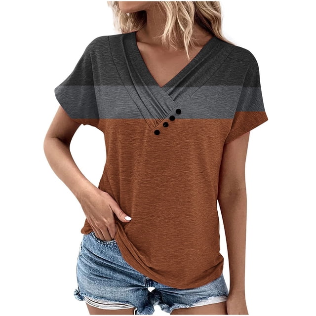 Timegard Tops for Women Color Block Button Short Sleeve T Shirts Causal Fashion Dressy Blouses