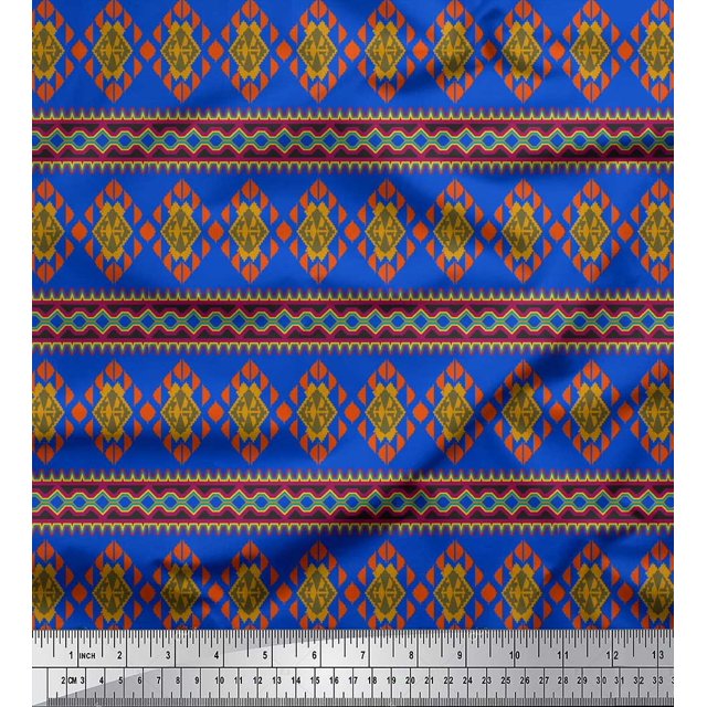 Soimoi Blue Georgette Viscose Fabric Aztec Geometric Printed Craft Fabric by the Yard 42 Inch Wide