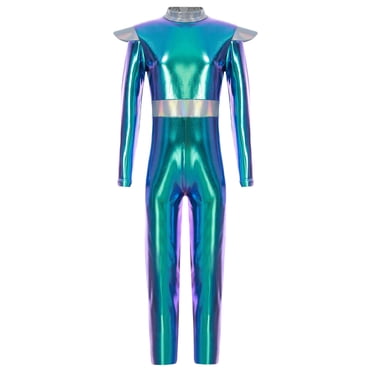YiZYiF Kids Aliens Costume Halloween Cosplay Metallic Jumpsuit Tights Bodysuit Space Man Costumes for Girls Blue 8