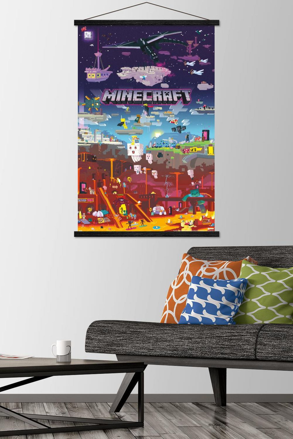 Minecraft - Monde au-delà 22,375" x 34" Affiche Murale avec Cadre Magnétique en Bois de Hêtre, par Trends International